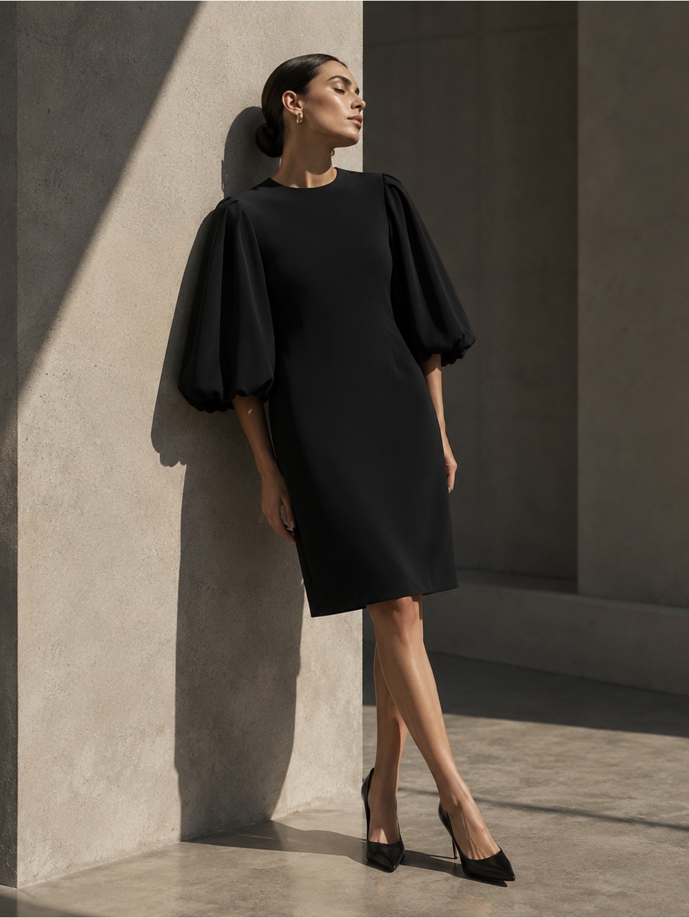 Black Halo Puff-Sleeve Midi Dress by Black